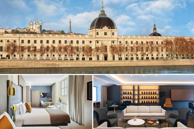 A collage of three photos showcasing luxurious accommodations in Lyon: a historic riverside building with classical architecture, a contemporary bedroom with chic decor and a view, and a stylish lounge area with a modern wine shelf